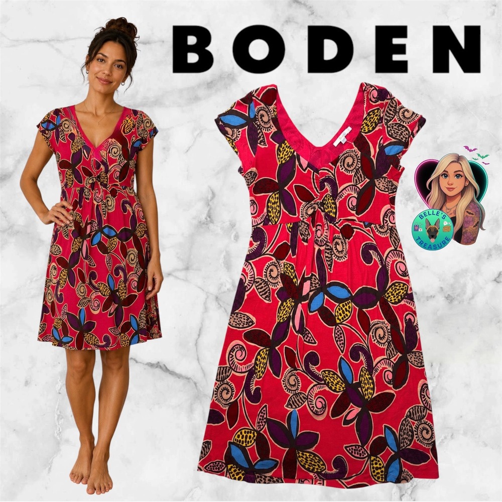Boden Women's 10 Pink Floral Tencel  V-Neck Empire Waist Midi Dress Summer Beach